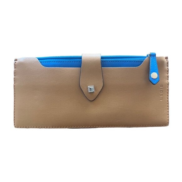 Lodis Sandy Italian Leather Brown Wallet W/ Blue Contrast Zipper Pocket - Picture 1 of 4